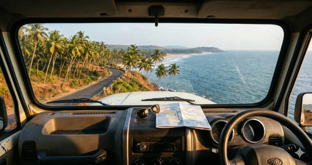 Top 10 places to visit in Goa - First-person driving view of a scenic coastal road lined with coconut palms along the Arabian Sea