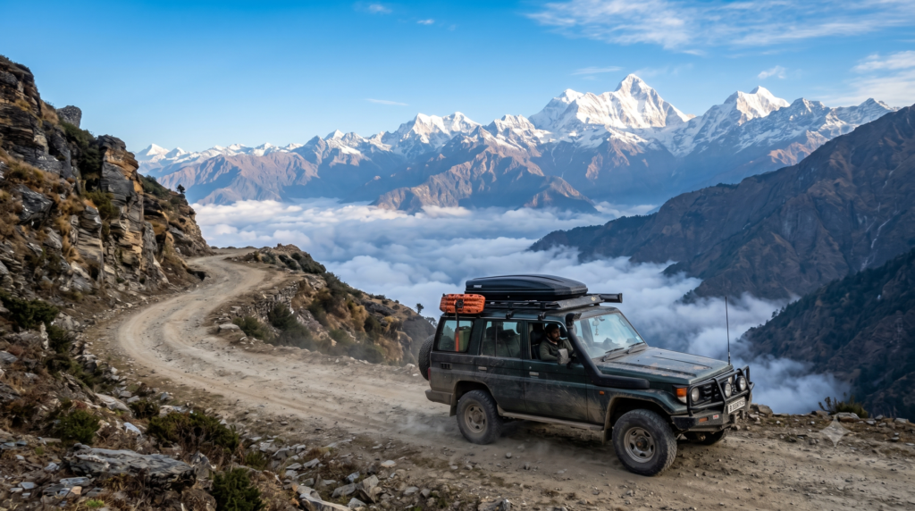 A rugged 4x4 overland vehicle exploring scenic offbeat places in Uttarakhand with majestic snow peaks visible in the distance