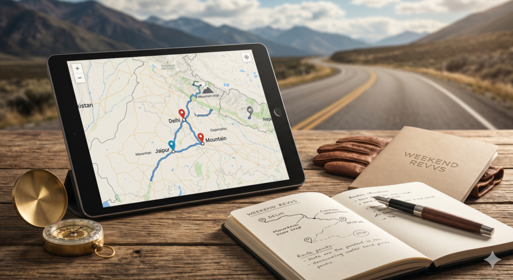 An organized flat-lay composition with a compass, leather notebook, and a tablet displaying an optimized map, representing a premium travel itinerary planner for road trips.