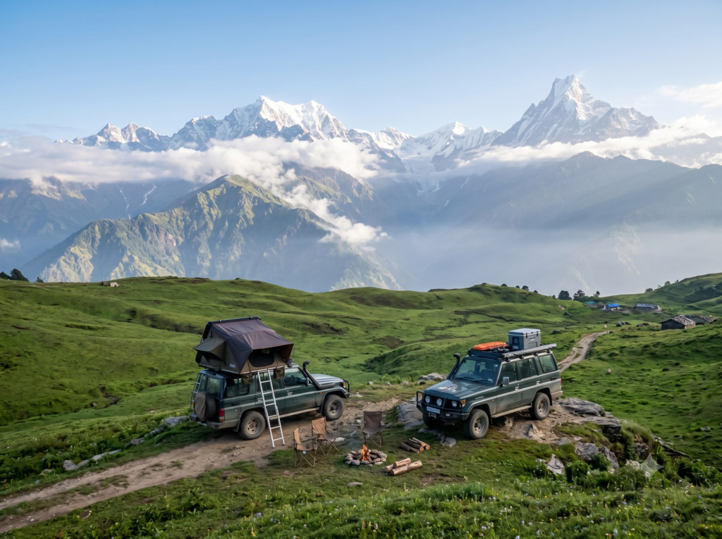 Lush alpine meadows and dirt trails of Chopta, representing the pristine beauty of offbeat places in Uttarakhand