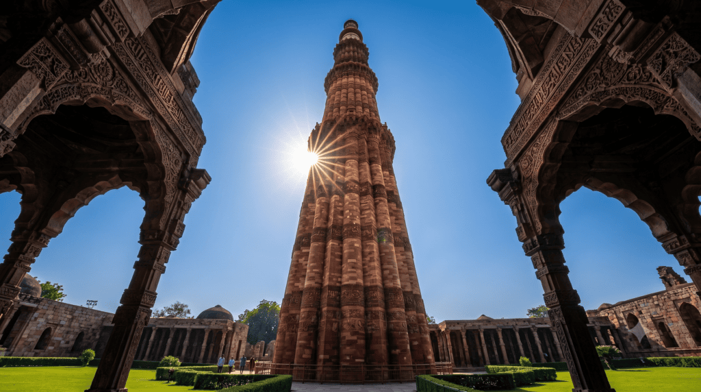 The soaring brick tower of Qutub Minar, an essential archeological site when exploring places to visit in Delhi.