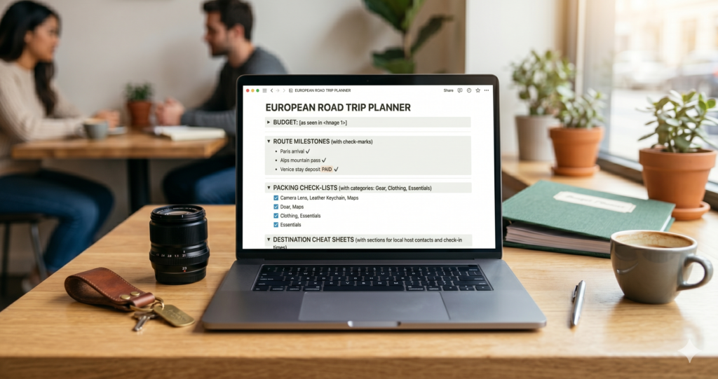 A laptop displaying a beautifully structured Travel Notion Template on a desk, showing an elite workspace that outperforms a standard automated travel planning app.