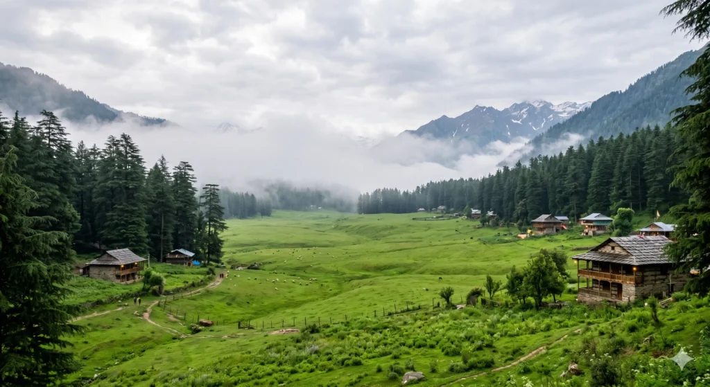 Offbeat places in Himachal Pradesh - Pristine emerald green meadow of Shangarh village surrounded by pine forests
