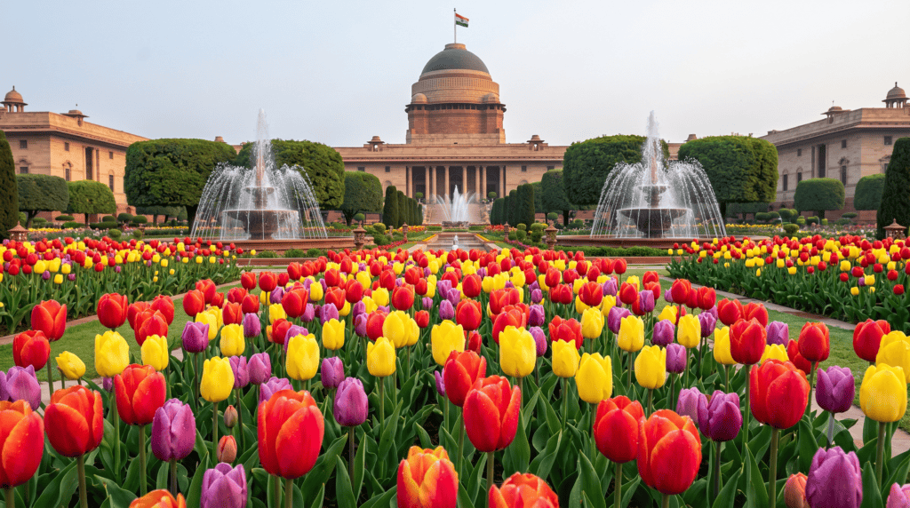Sprawling tulip beds inside Amrit Udyan at Rashtrapati Bhavan, a premier choice among seasonal places to visit in Delhi.