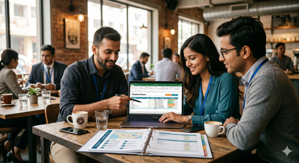 Friends discussing finances around a laptop in a Delhi cafe, illustrating how a collaborative travel itinerary planner simplifies group budget management.