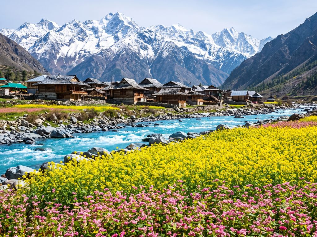 Yellow mustard fields and the Baspa River flowing past Chitkul village, representing remote offbeat places in Himachal Pradesh near the border