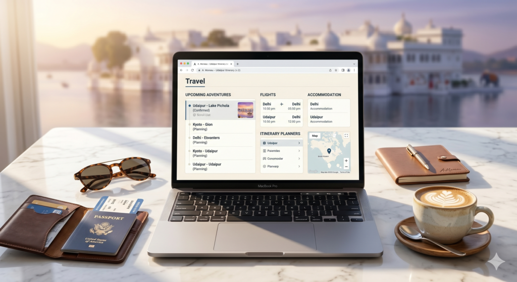 A clean photograph of a luxury travel planning dashboard on a desk, perfect for vetting couple friendly hotels.