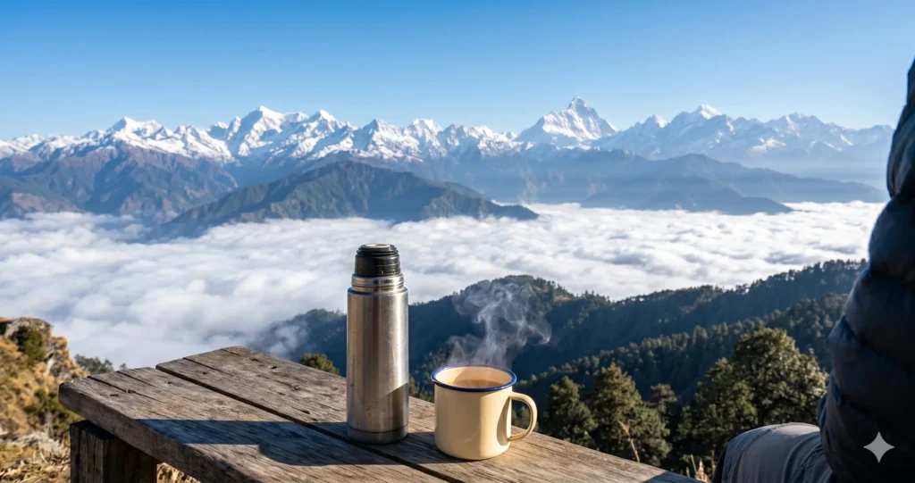 A realistic, first-person traveler perspective looking out from a rugged mountain viewpoint in Uttarakhand. The foreground shows the edge of a rustic wooden cliffside bench with a classic steel thermos and a steaming hot enamel mug of mountain tea, with gentle steam rising into the crisp air. The background features a jaw-dropping wide view of layers of deep green pine hills fading into a dense sea of white morning valley clouds, with the sharp, snow-covered Himalayan peaks of the Garhwal range rising dramatically into a clear, bright blue morning sky. Sharp focus on the steam and peaks, natural alpine sunlight, highly detailed textures, shot on a professional 35mm lens, travel documentary style.