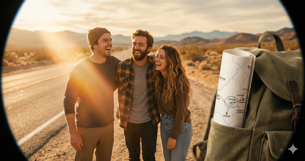 A close-up view through a vintage camera lens focused on laughing friends on a remote highway, illustrating the ultimate goal of a travel itinerary planner: creating unforgettable memories.
