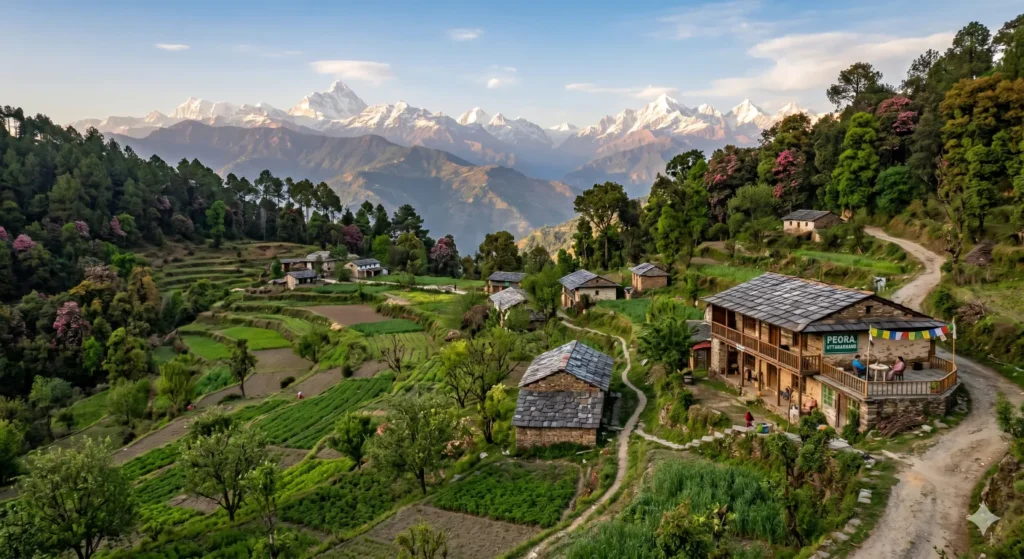 Offbeat places in Uttarakhand - Scenic fruit orchards and valley views in Peora