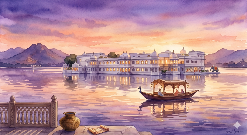 A watercolor painting of a traditional boat on Lake Pichola at sunset, illustrating romantic couple friendly hotels.