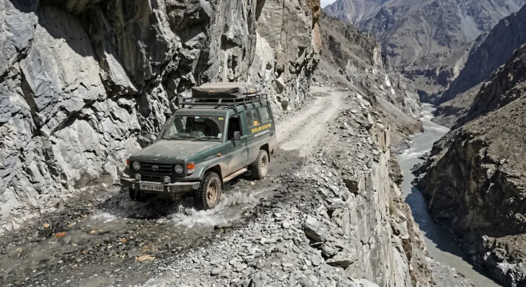 Hardcore 4x4 overland vehicle navigating a water crossing on the rugged Sach Pass mountain track in Pangi Valley
