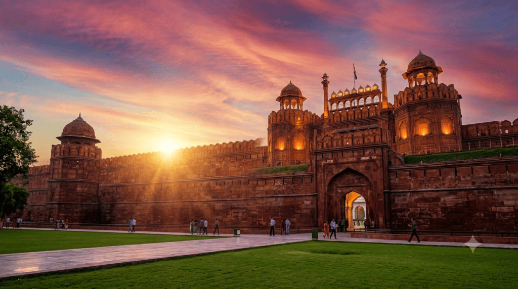 The massive red sandstone outside walls and Lahori Gate of the Red Fort, an epic historical landscape among the best places to visit in Delhi.