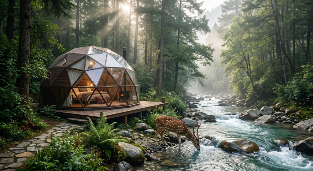 A scenic photograph of a forest glamping dome and a wild deer, highlighting nature-focused couple friendly hotels.