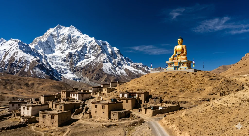 The giant golden Buddha statue overlooking traditional mud houses in Langza village Spiti Valley