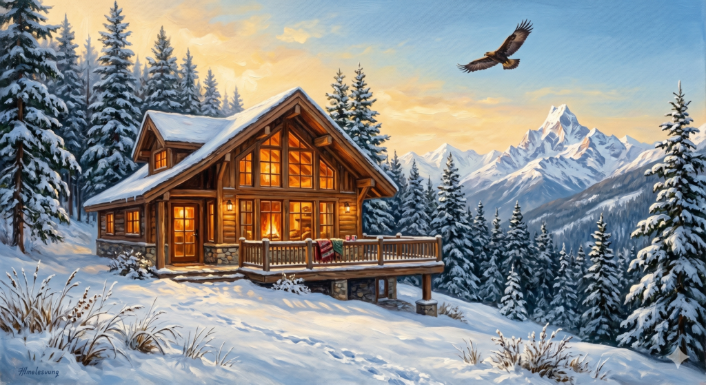 An oil painting of an isolated mountain chalet under a soaring eagle, representing secluded couple friendly hotels.