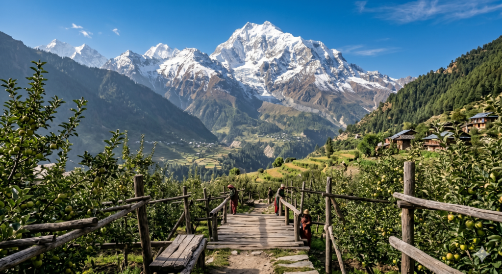 Stunning morning views of the snow clad Kinner Kailash mountain peaks from an apple orchard in Kalpa
