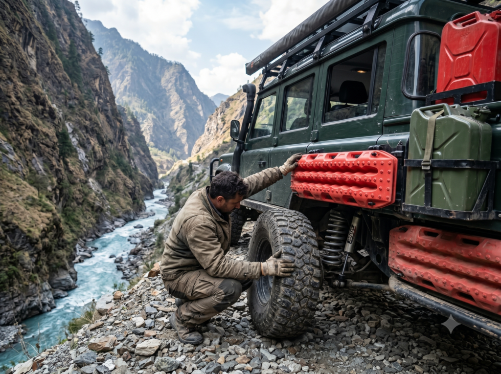 An overland vehicle being prepared on a rugged mountain track while navigating remote offbeat places in Uttarakhand