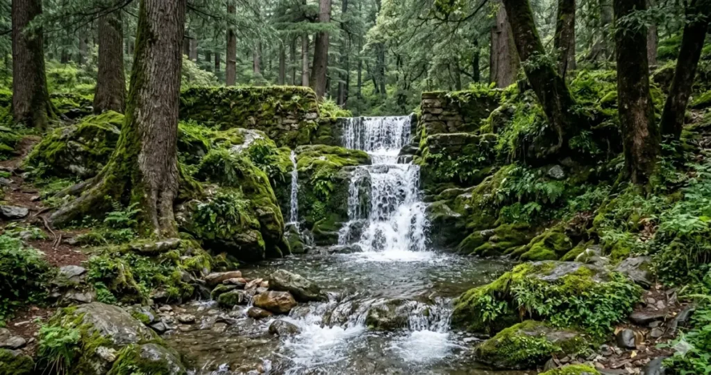 Offbeat places in Himachal Pradesh - A hidden moss covered waterfall trail inside the dense forests of Tirthan Valley