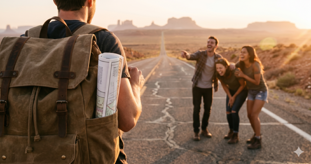 Friends sharing an unscripted laugh on a scenic highway at sunset, showcasing the ultimate goal of stepping away from a mobile travel planning app to create real memories.
