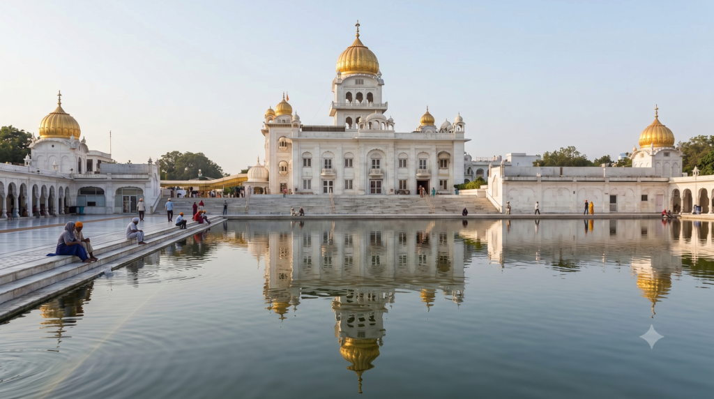 The shining golden domes of Gurudwara Bangla Sahib, a spiritual oasis among peaceful places to visit in Delhi.