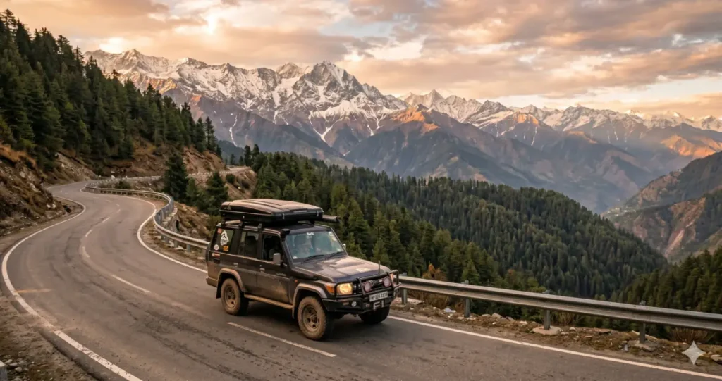 Offbeat places in Himachal Pradesh - 4x4 overland vehicle exploring a scenic mountain road circuit