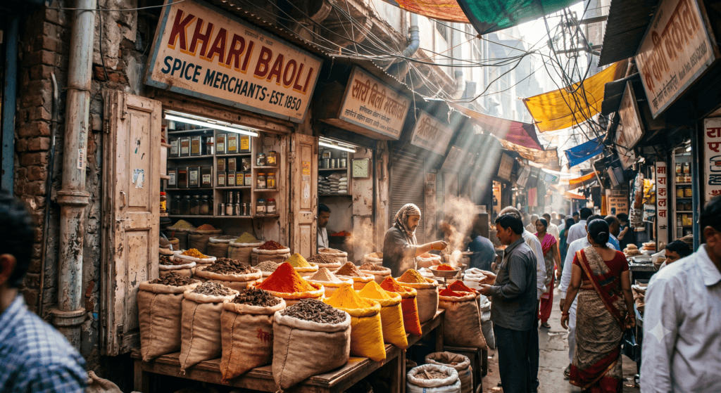 Vibrant spice sacks in a wholesale market lane of Chandni Chowk, offering cultural depth to places to visit in Delhi.