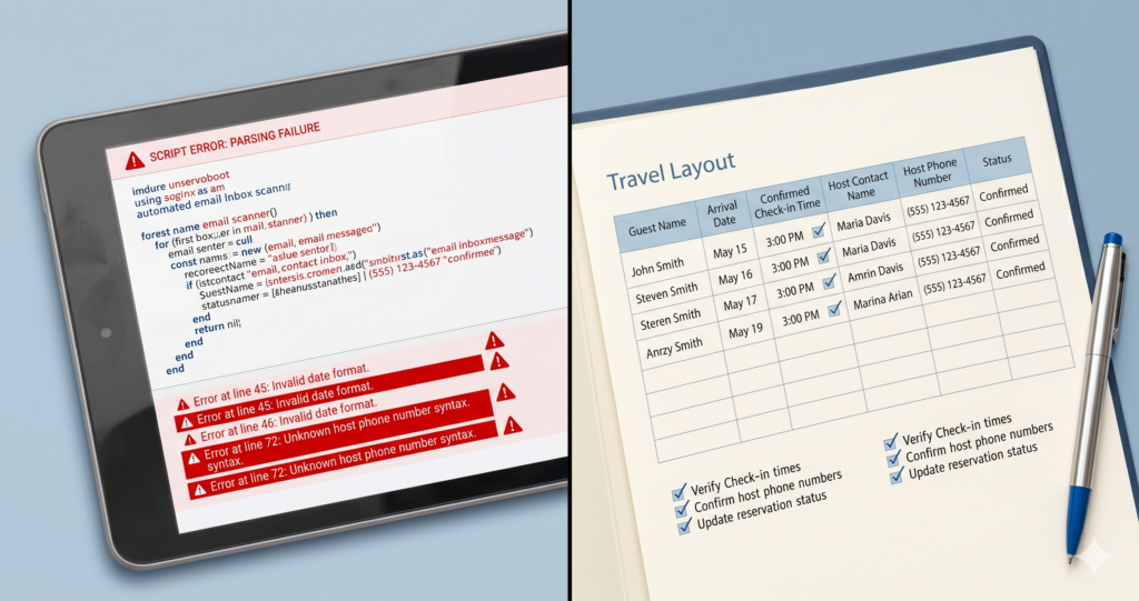 A visual split comparison of automated text scanner data errors next to a clean manual reservation template, showing why a programmatic travel planning app requires manual oversight.