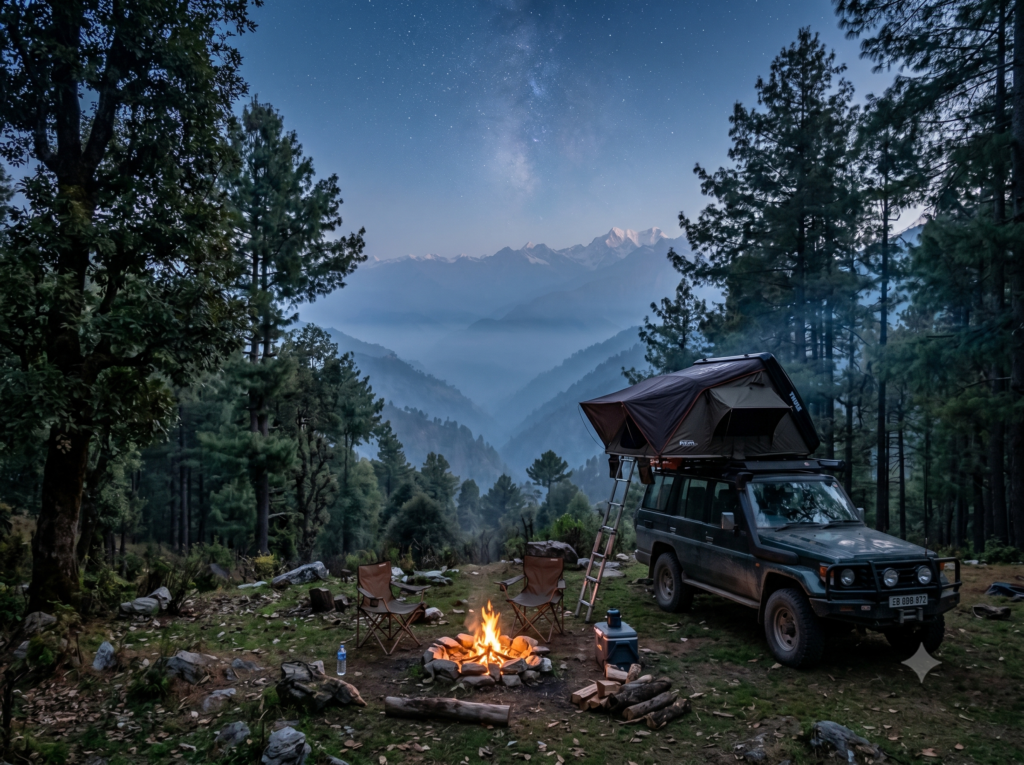A peaceful wilderness overland campsite hidden among deep pine forests, showcasing the serenity of offbeat places in Uttarakhand