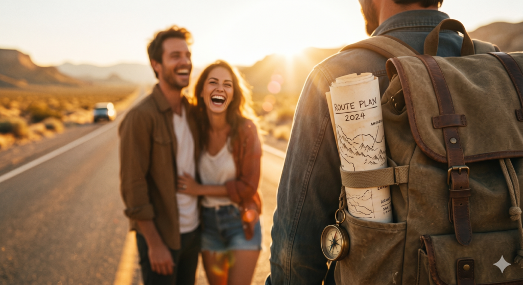 A nostalgic photograph of a couple laughing on a highway at sunset, celebrating premium couple friendly hotels.