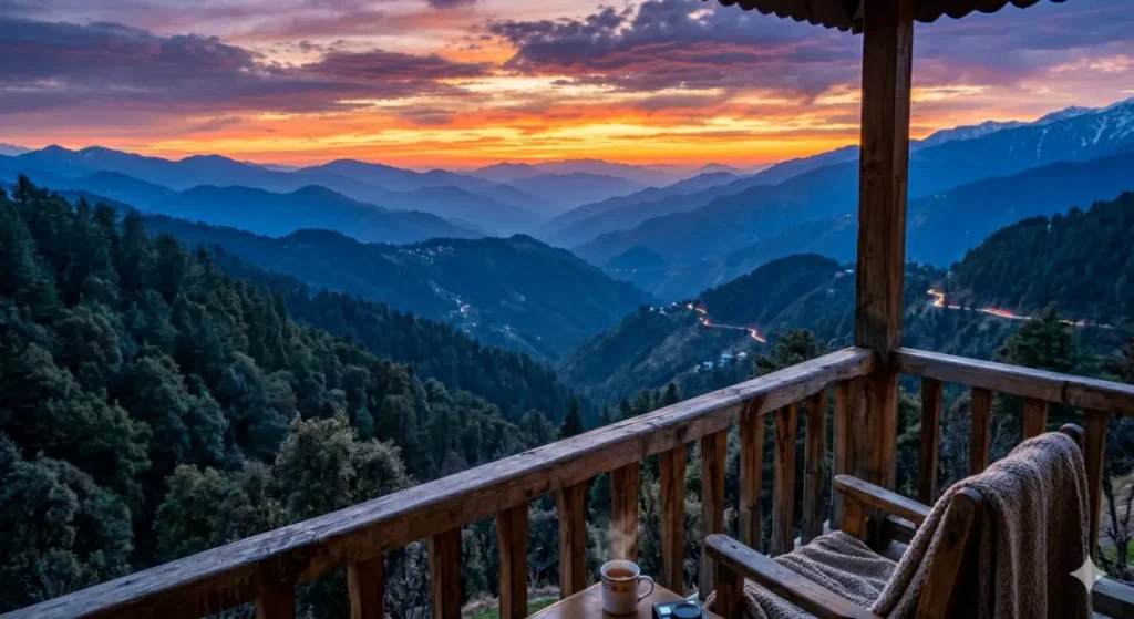 Offbeat places in Himachal Pradesh - Panoramic sunset views over mountain ridges from the quiet village of Shoja