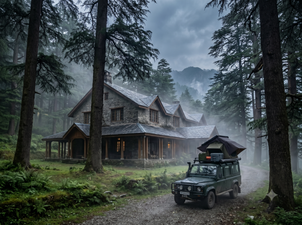 An old colonial stone estate on a misty ridge at Abbott Mount, highlighting the historical charm of offbeat places in Uttarakhand.