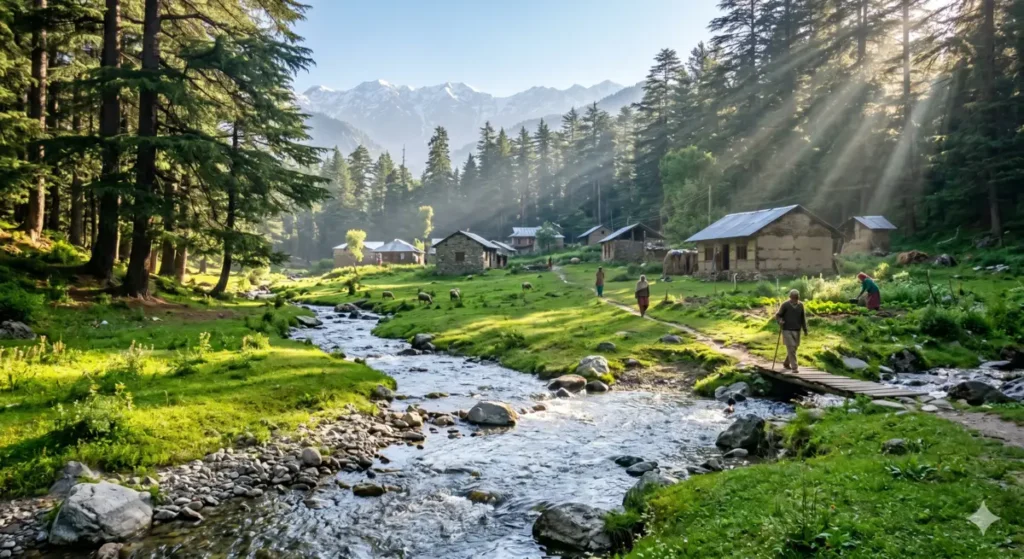 A crystal clear mountain stream flowing through the peaceful green pastures of Gada Gushaini village