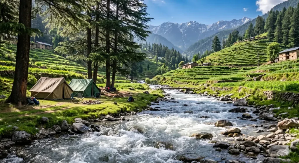 Riverside camping tents pitched along the rapid Uhl River banks in Barot Valley