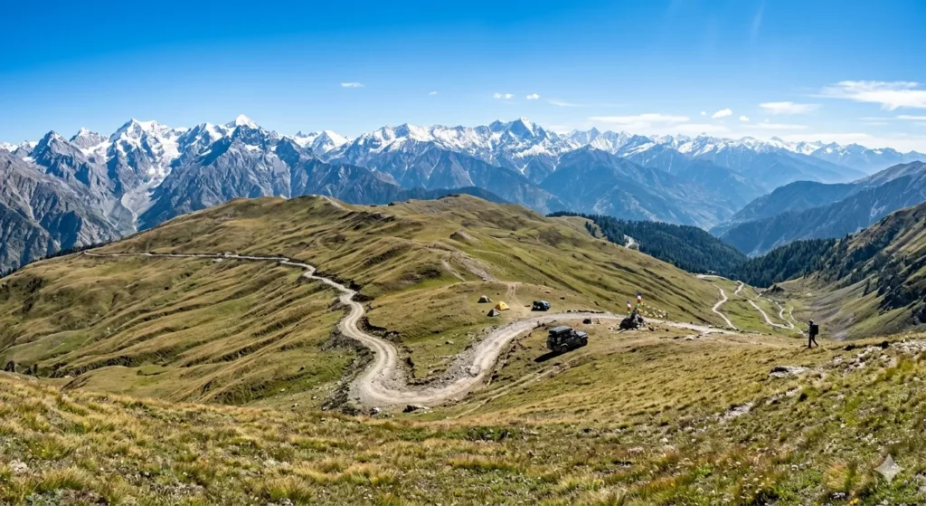 Vast rolling alpine meadows and panoramic mountain trails at the summit of Chanshal Pass