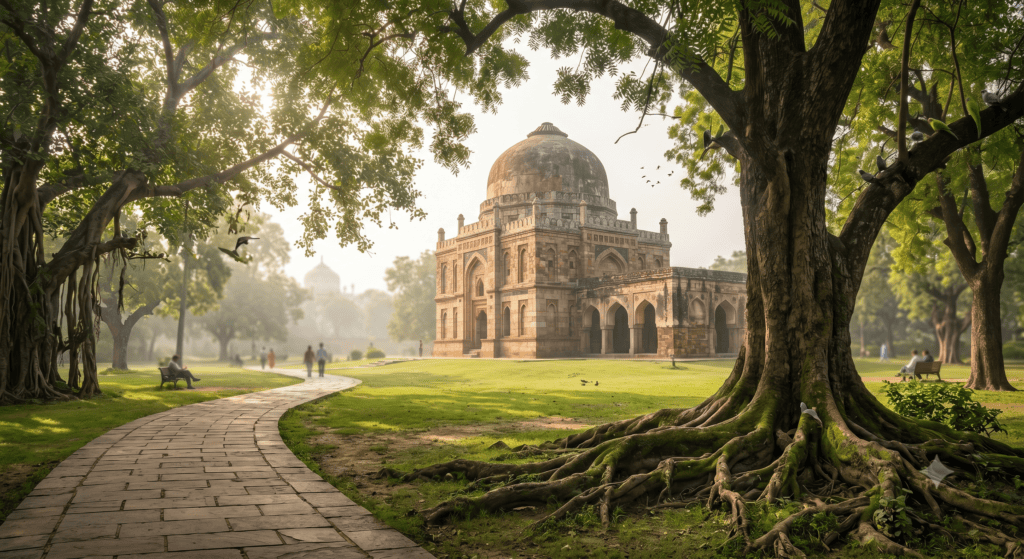 An ancient sultanate tomb hidden inside Lodi Gardens, showcasing the greenest places to visit in Delhi.