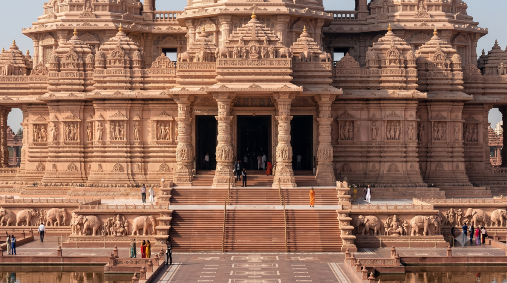 The hand-carved pink sandstone architecture of Akshardham Temple, a modern marvel among places to visit in Delhi.