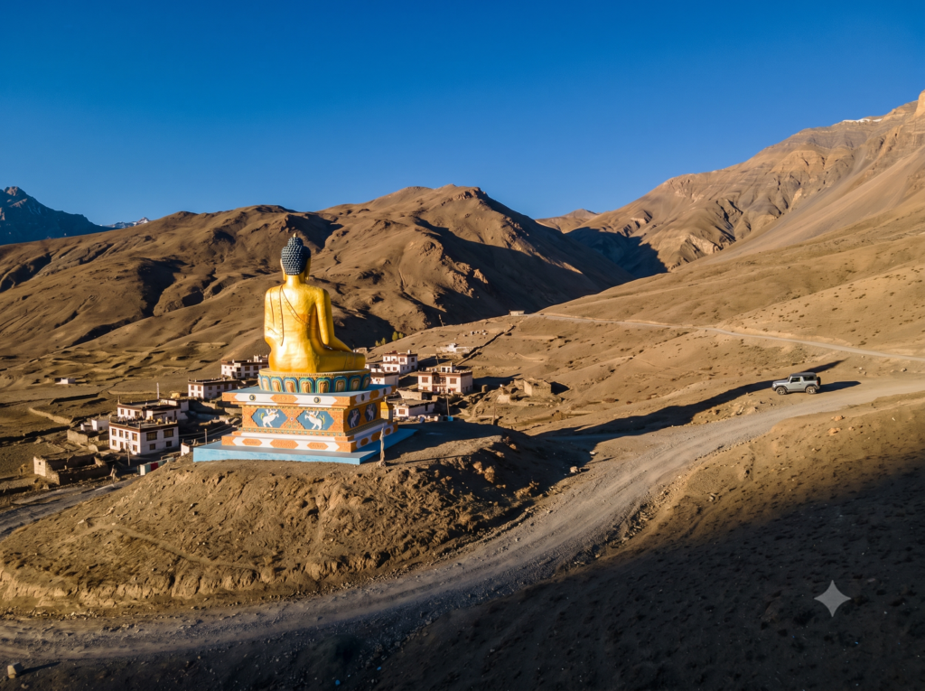 The iconic golden Buddha statue of Langza village, one of the most stunning offbeat places in Himachal Pradesh's high-altitude cold desert