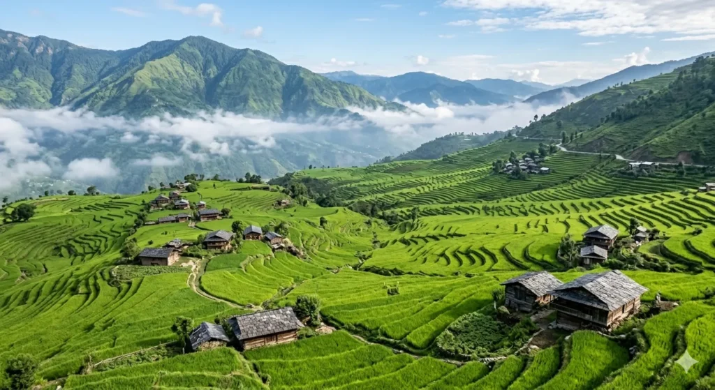 Lush green step-cultivated agricultural terrace fields stretching across Karsog Valley