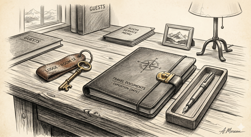 A textured charcoal sketch of a rustic lodge check-in counter, representing secure couple friendly hotels.