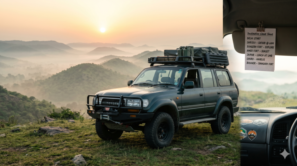 A modified SUV overlooking the scenic Aravalli hills in early morning mist, perfect for a curated weekend trip planned with a specialized travel itinerary planner.