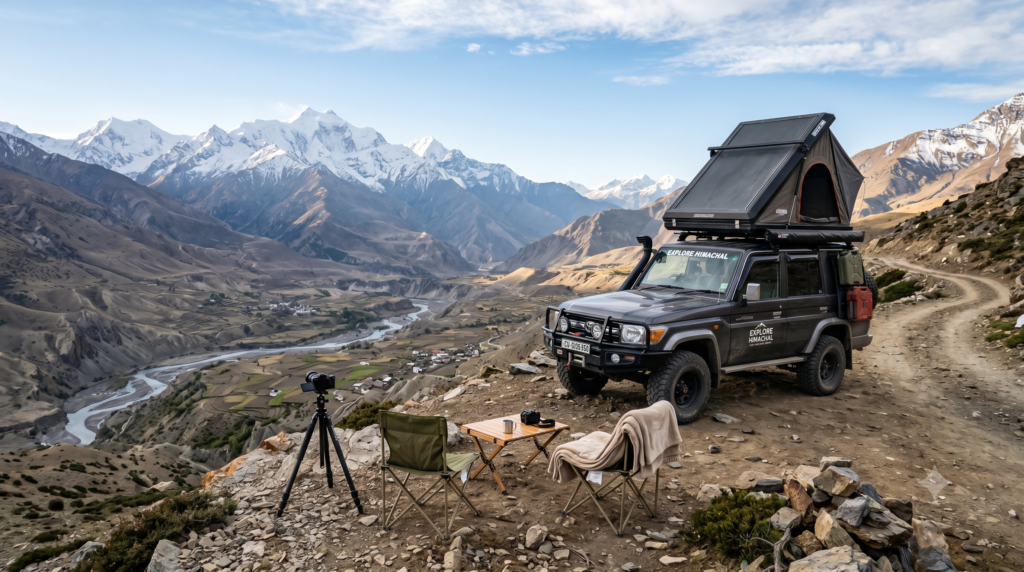 A 4x4 overland SUV parked on a mountain cliff overlooking spectacular offbeat places in Himachal Pradesh with snow peaks in the background