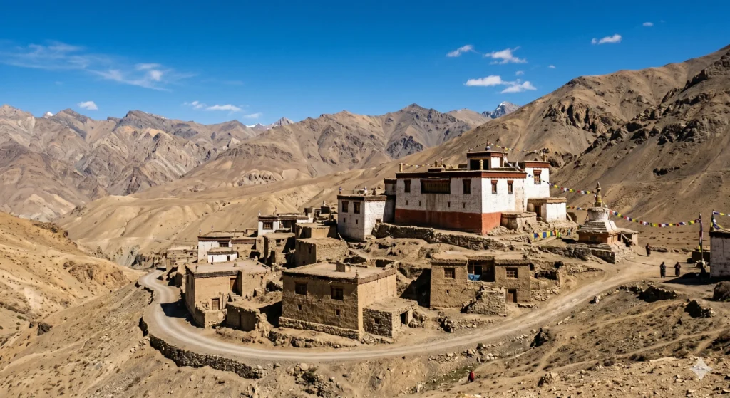 Offbeat places in Himachal Pradesh - High altitude Lundup Tsemo Monastery in the cold desert village of Komic