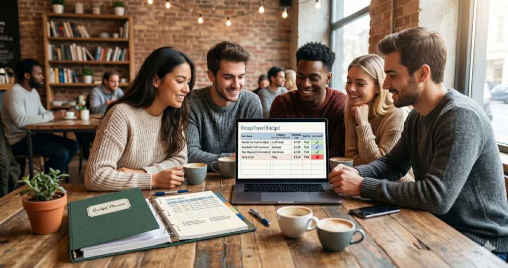 Friends happily coordinating travel expenses around a budget spreadsheet in a cafe, offering a structured alternative to a chaotic multi-user travel planning app interface.