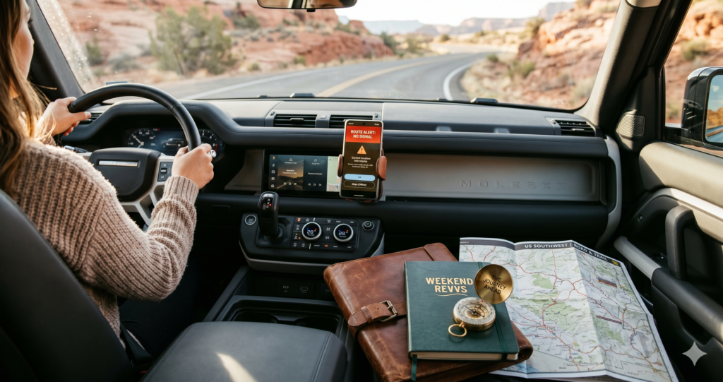 A mounted smartphone displaying a network warning signal next to a printed route map folder, illustrating the operational limits of a standard travel planning app during a road trip.