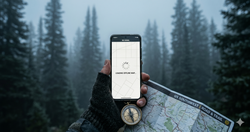 A frozen smartphone screen displaying a map loading error in a remote forest, demonstrating how a cloud-dependent travel planning app fails in zero-coverage zones.