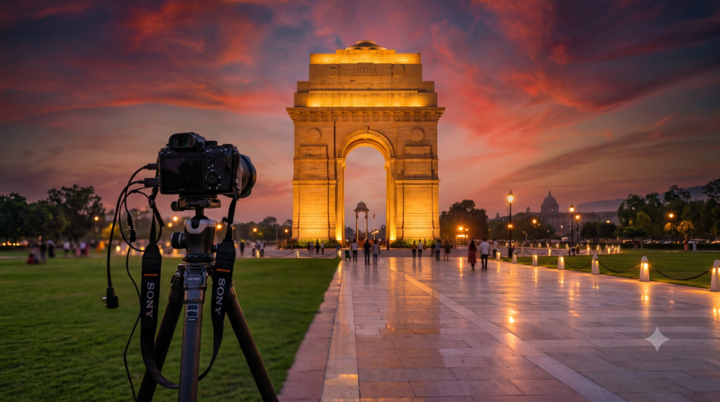 A stunning sunset view of India Gate, showcasing one of the most iconic places to visit in Delhi at night.