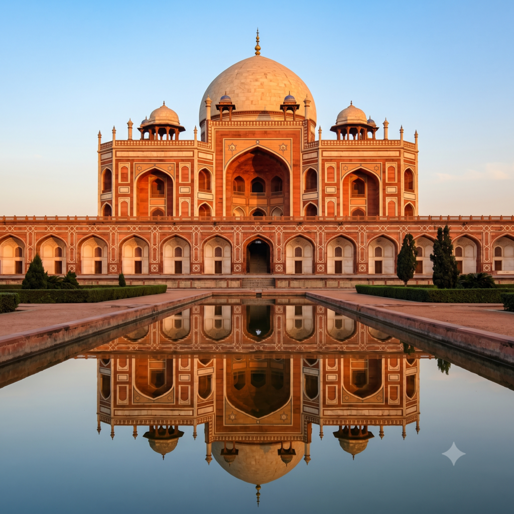 Humayun's Tomb beautifully reflected in a garden water channel, ranking among the best places to visit in Delhi.