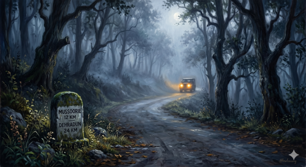 An oil painting of a misty forest road at twilight, showing safe access to remote couple friendly hotels.