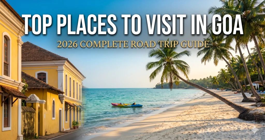 Top 10 places to visit in Goa - A beautiful golden hour beach view with coconut palms and historic heritage architecture